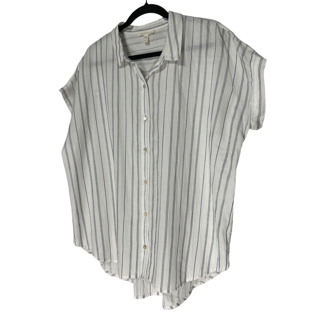 Eileen Fisher Striped Button Down Short Sleeve Shirt Organic Cotton Retail: $158